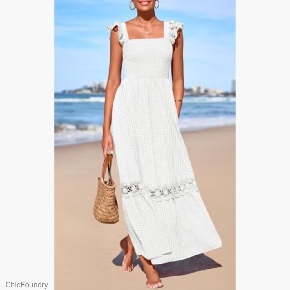 Smocked Maxi Dress with Ruffle Cap Sleeves, Lace Detail, and Pockets - Picture 3 of 7
